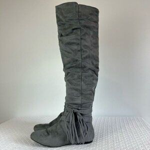 Justfab Women’s 8 Grey Faux Suede Romy Over Knee High Sock Boot Fringe Tassel